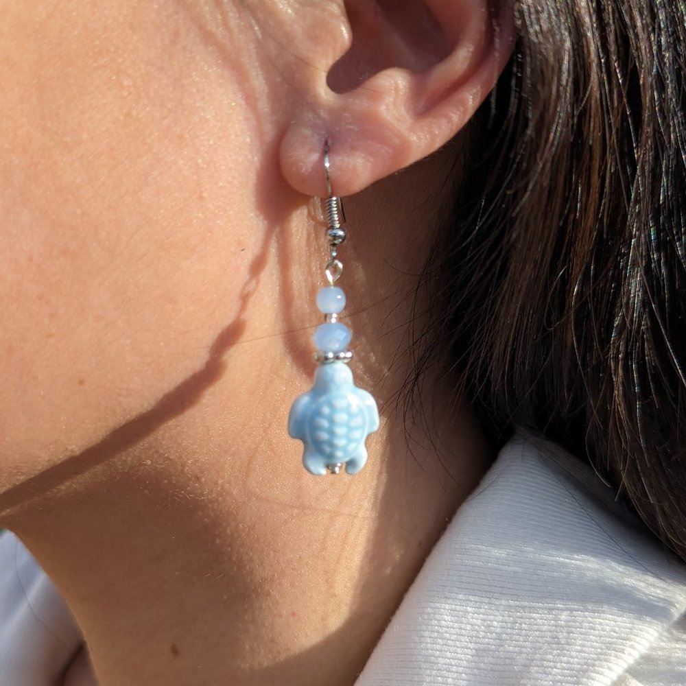 Handmade Fashion Jewelry Light Blue Ceramic Turtle Dangle Earrings Kawaii Style‎